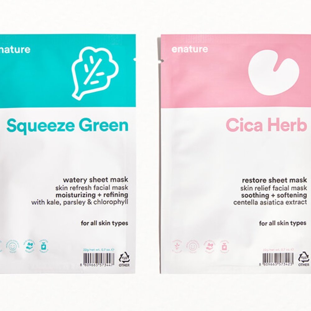 NWT ENATURE Cica Herb Restore and Squeeze Green Watery Sheet Mask Duo
